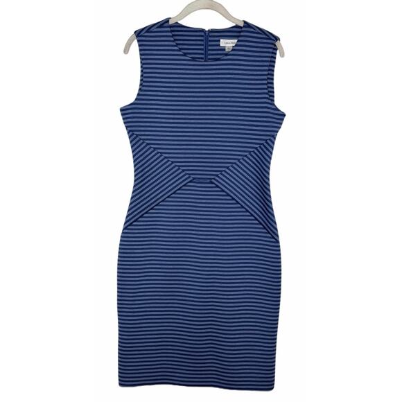 Calvin Klein Dresses & Skirts - Calvin Klein Women’s Blue Stripe Sleeveless Ponte Sheath Dress Size 8